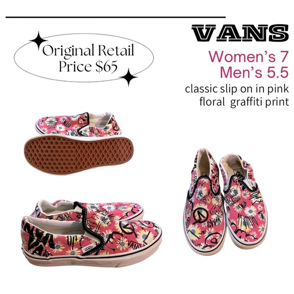VANS W7/M5.5 classic slip ons in pink floral graffiti print - Picture 1 of 9